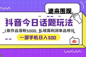 抖音今日话题玩法，1条作品涨粉5000，私域高利润单品转化 一部手机日入500