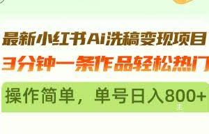 （13182期）最新小红书Ai洗稿变现项目 3分钟一条作品轻松热门 操作简单，单号日入800+