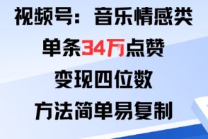 视频号分成计划新玩法：音乐情感类单条34W点赞，变现四位数，方法简单易复制