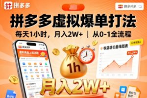 拼多多虚拟爆单打法，每天1小时，月入2W+，从0-1全流程