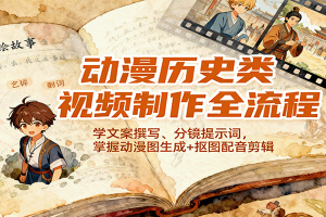 动漫历史类视频制作全流程，学文案撰写、分镜提示词，掌握动漫图生成+抠图配音剪辑