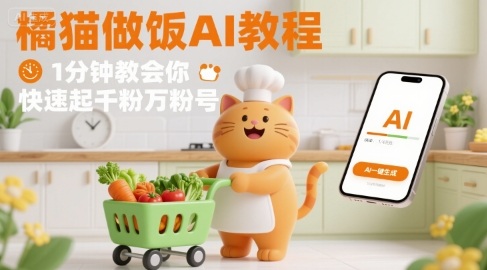 有趣的橘猫买菜做饭视频,用AI一键搞定,1分钟教会你,快速起千粉万粉号