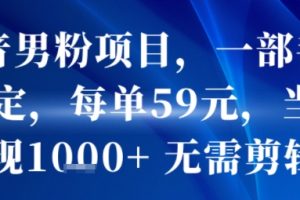 抖音男粉项目，一部手机搞定，每单59米，当天变现1k+  无需剪辑