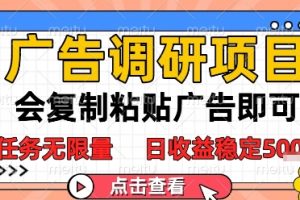 广告调研项目，会复制粘贴广告即可，任务无限量，日收益稳定5张【揭秘】