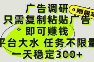广告调研项目，只需复制粘贴广告即可挣钱，平台大水，任务不限量，一天3张【揭秘】